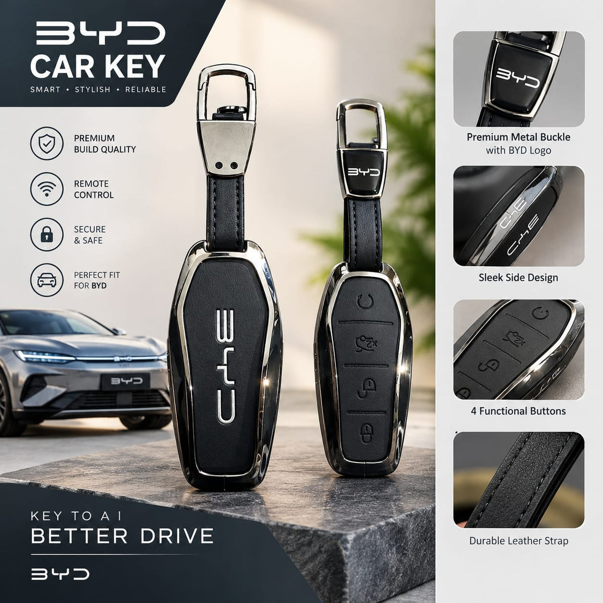 BYD Atto 3, BYD Atto 2 & BYD SHARK Leather Metal Keycover – Premium Quality