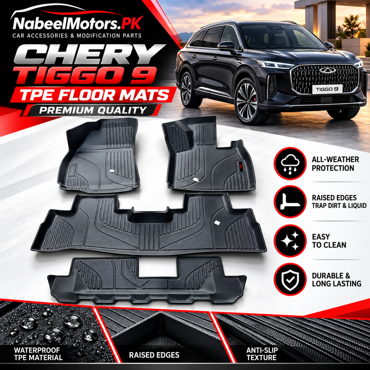 Cherry Tiggo 9 Pro 7-Seater TPE Floor Mats – Premium Quality