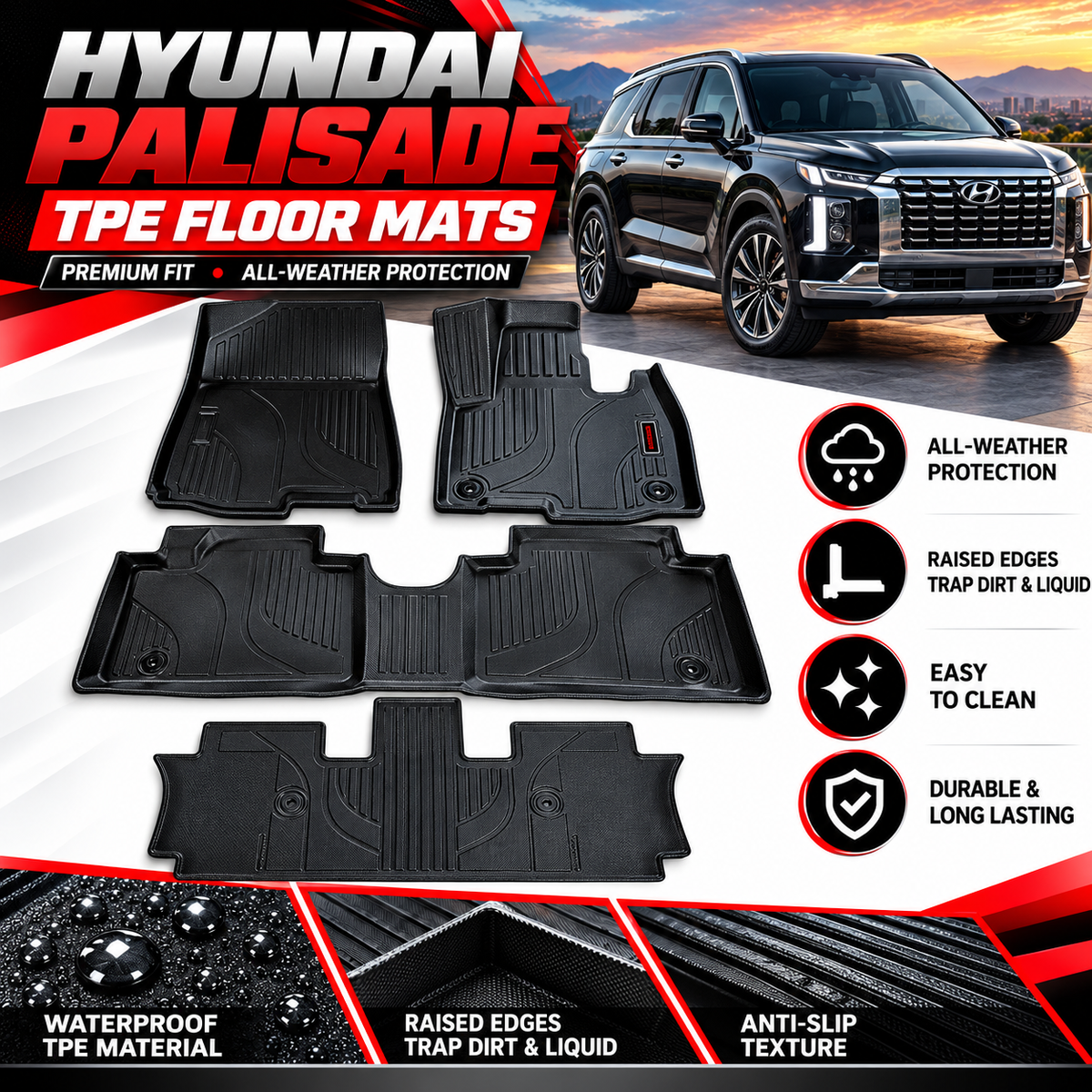 Hyundai Palisade TPE Floor Mats – Premium Quality, 4-Piece Set for 7-Seater