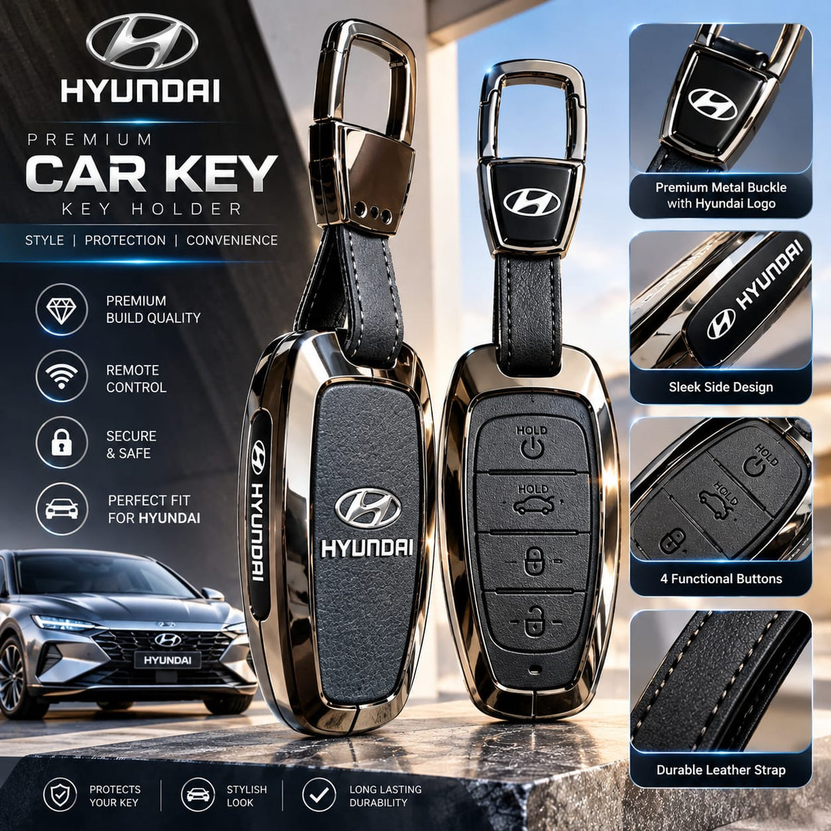 Hyundai Sonata Leather Metal Keycover – Premium Quality